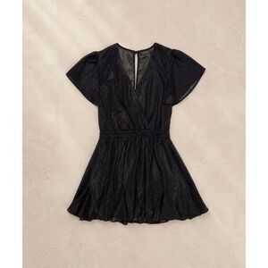 TRIXXI Black Shimmer Dress Flutter Sleeve V-Neck Elastic Waist Women's Large